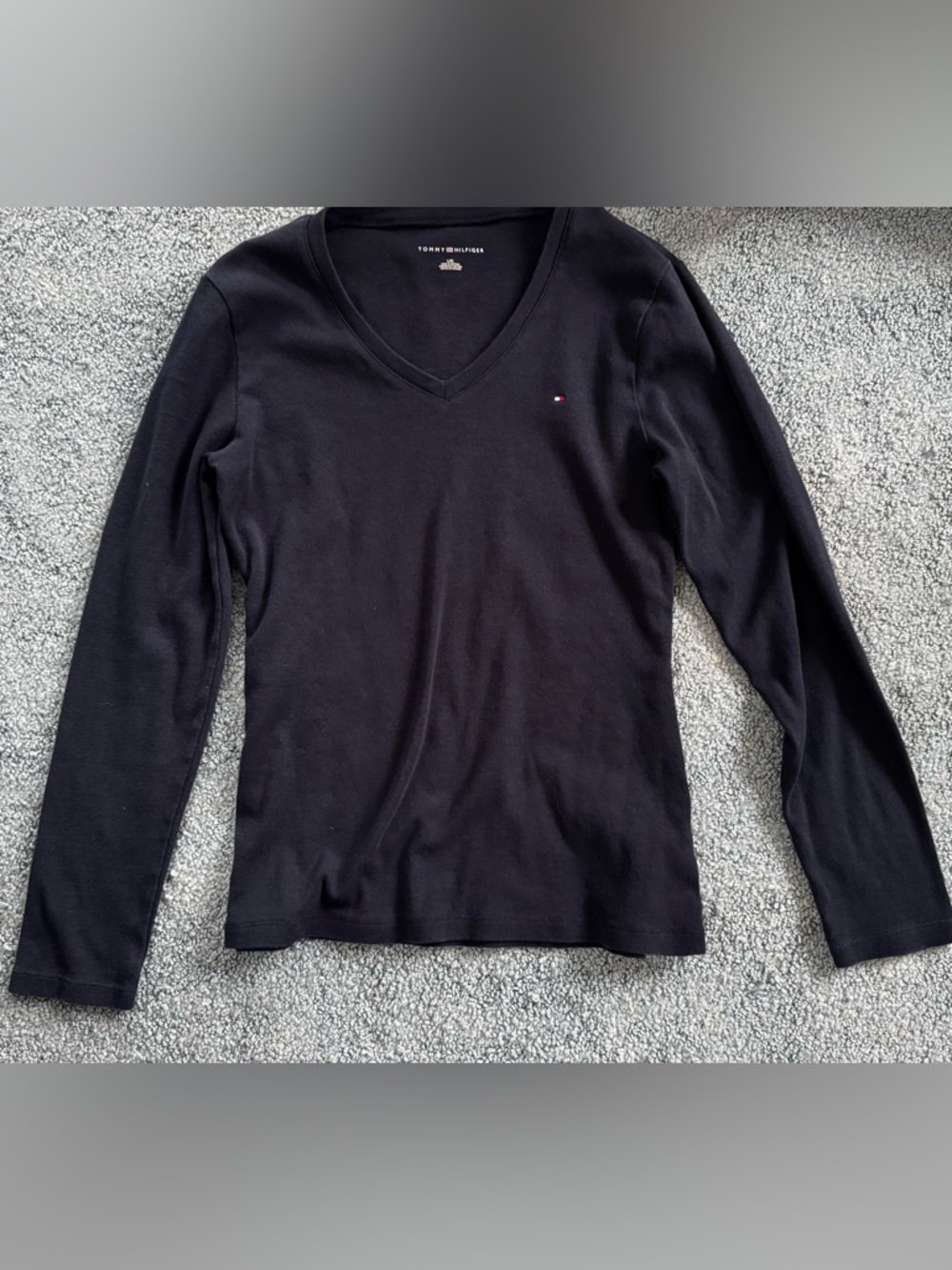 Tommy Hilfiger Navy V-Neck Long Sleeve Shirt with Flag Logo
